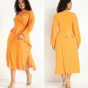 New! Eloquii Asymmetrical Peplum Dress in‎ Sun Orange long sleeves, size 18